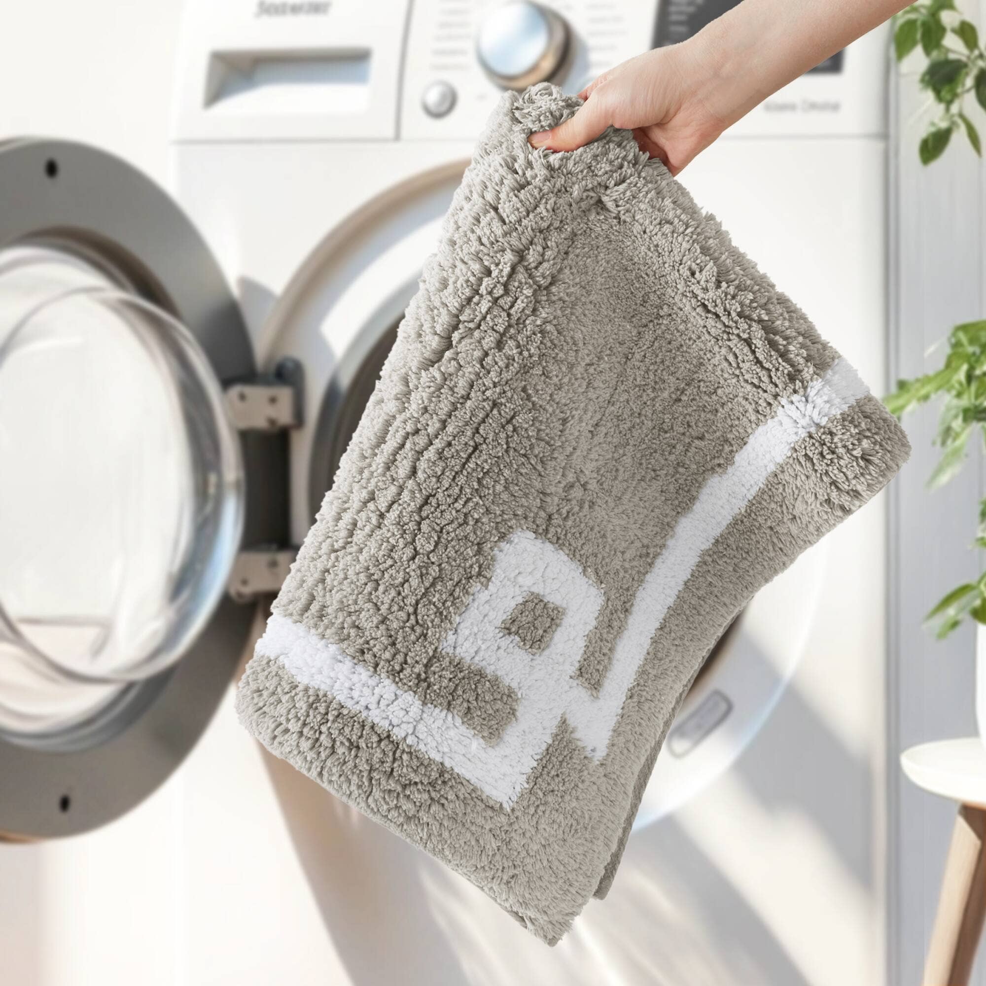 High Pile Bordered Bathroom Rug, Grey