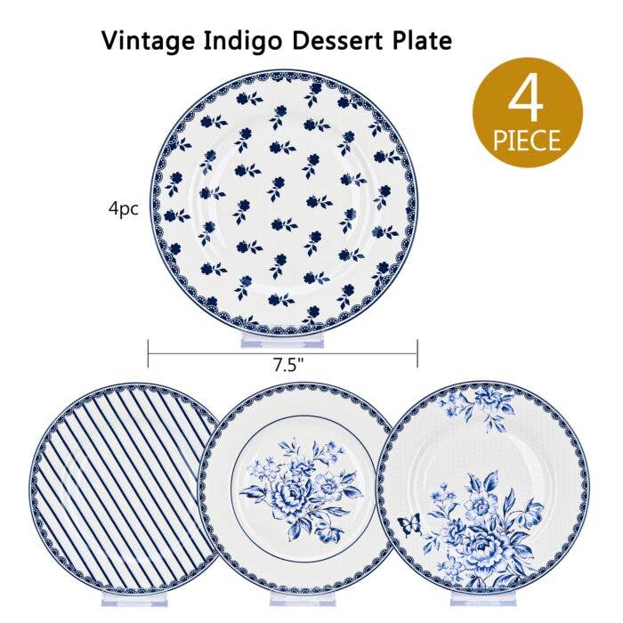 Vintage Indigo Porcelain Dessert Plate Set of 4, 7.5"
