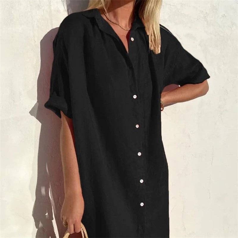 Casual Loose Fit Short Sleeve Shirt Dress In Solid Color