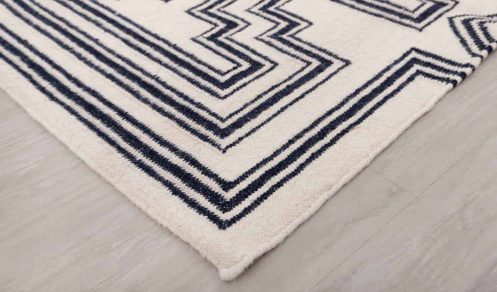 White Navy Modern Designer Rug Geometric Design Handmade Rug