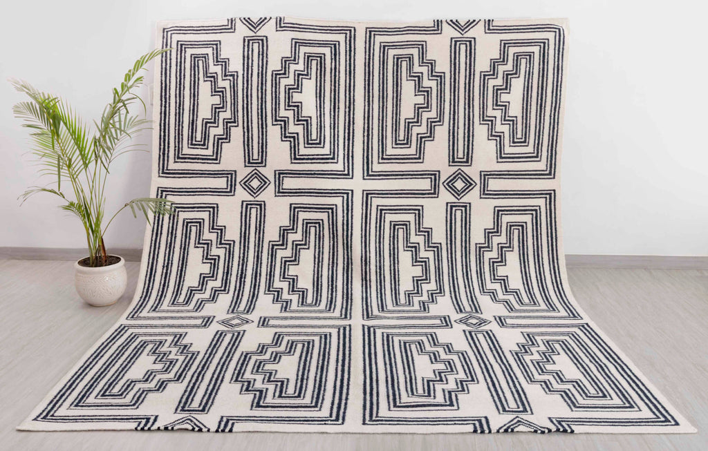 White Navy Modern Designer Rug Geometric Design Handmade Rug