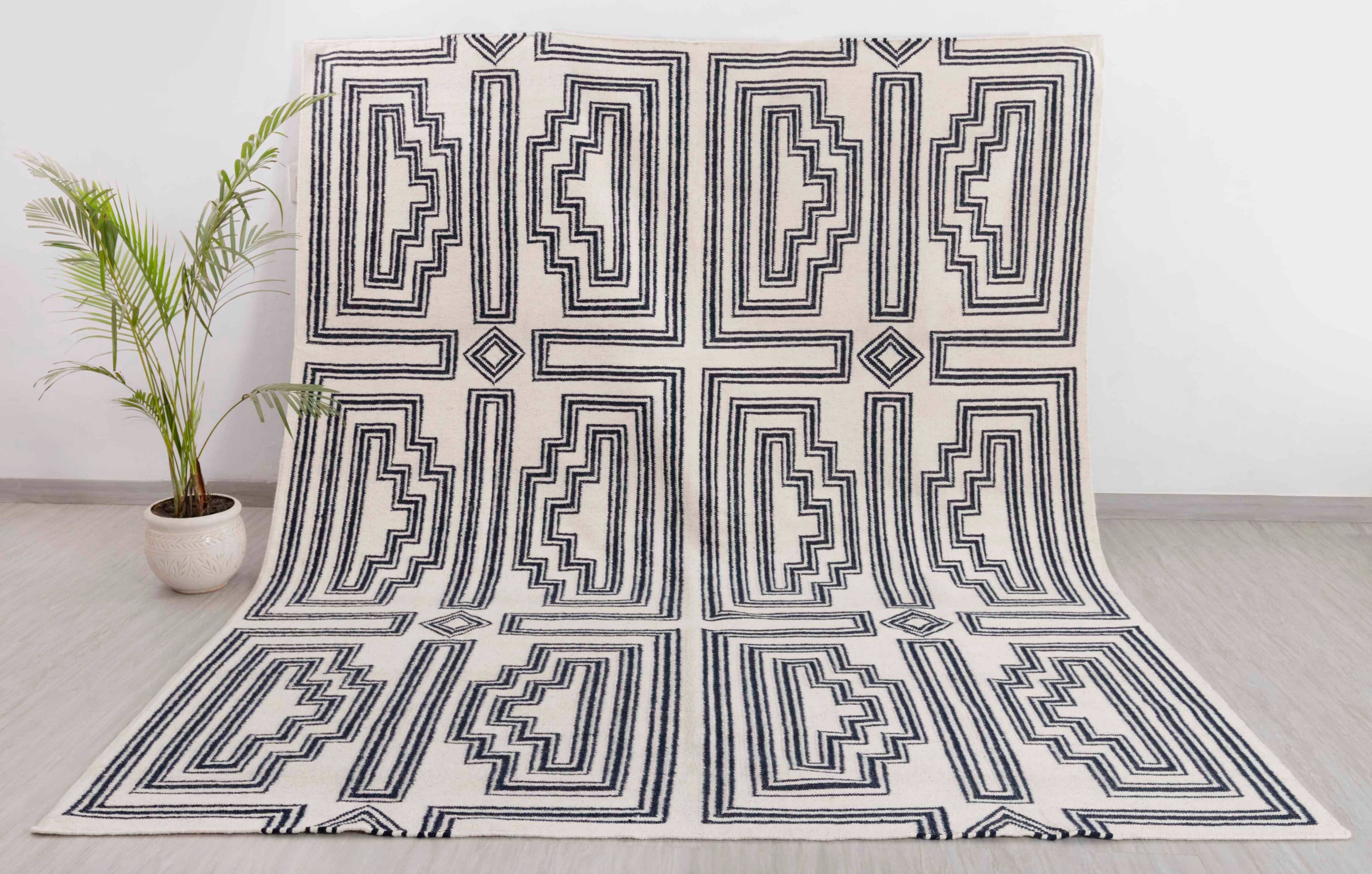 White Navy Modern Designer Rug Geometric Design Handmade Rug