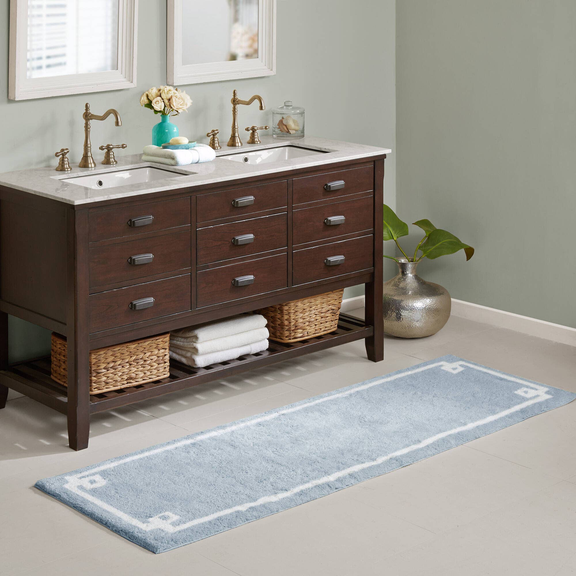 High Pile Bordered Bathroom Rug, Blue