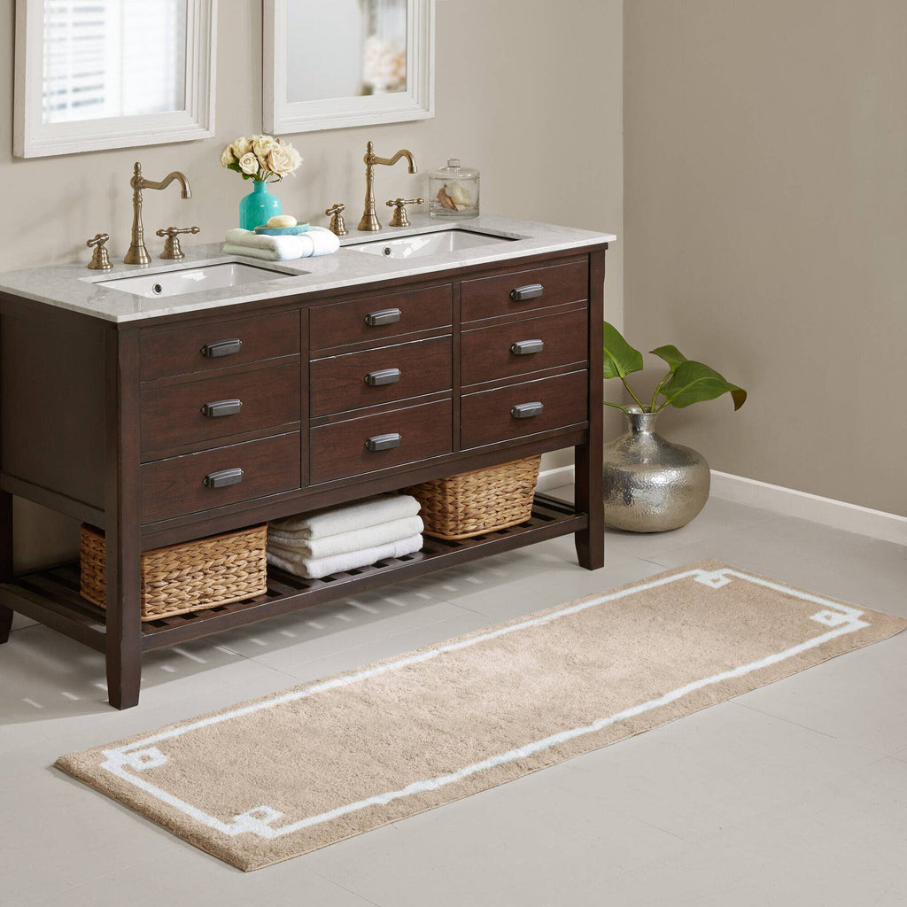 High Pile Bordered Bathroom Rug, Taupe