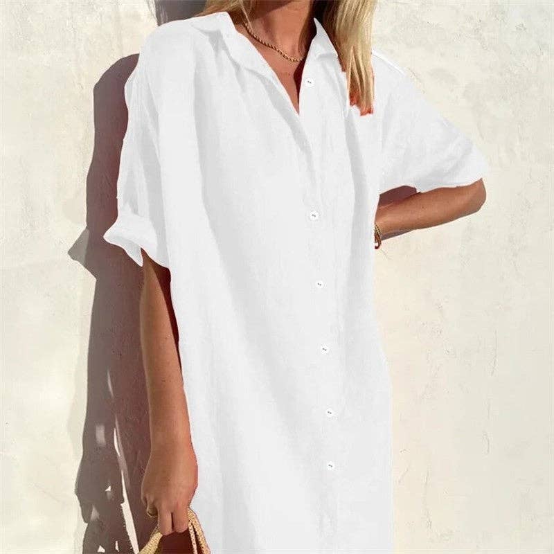 Casual Loose Fit Short Sleeve Shirt Dress In Solid Color