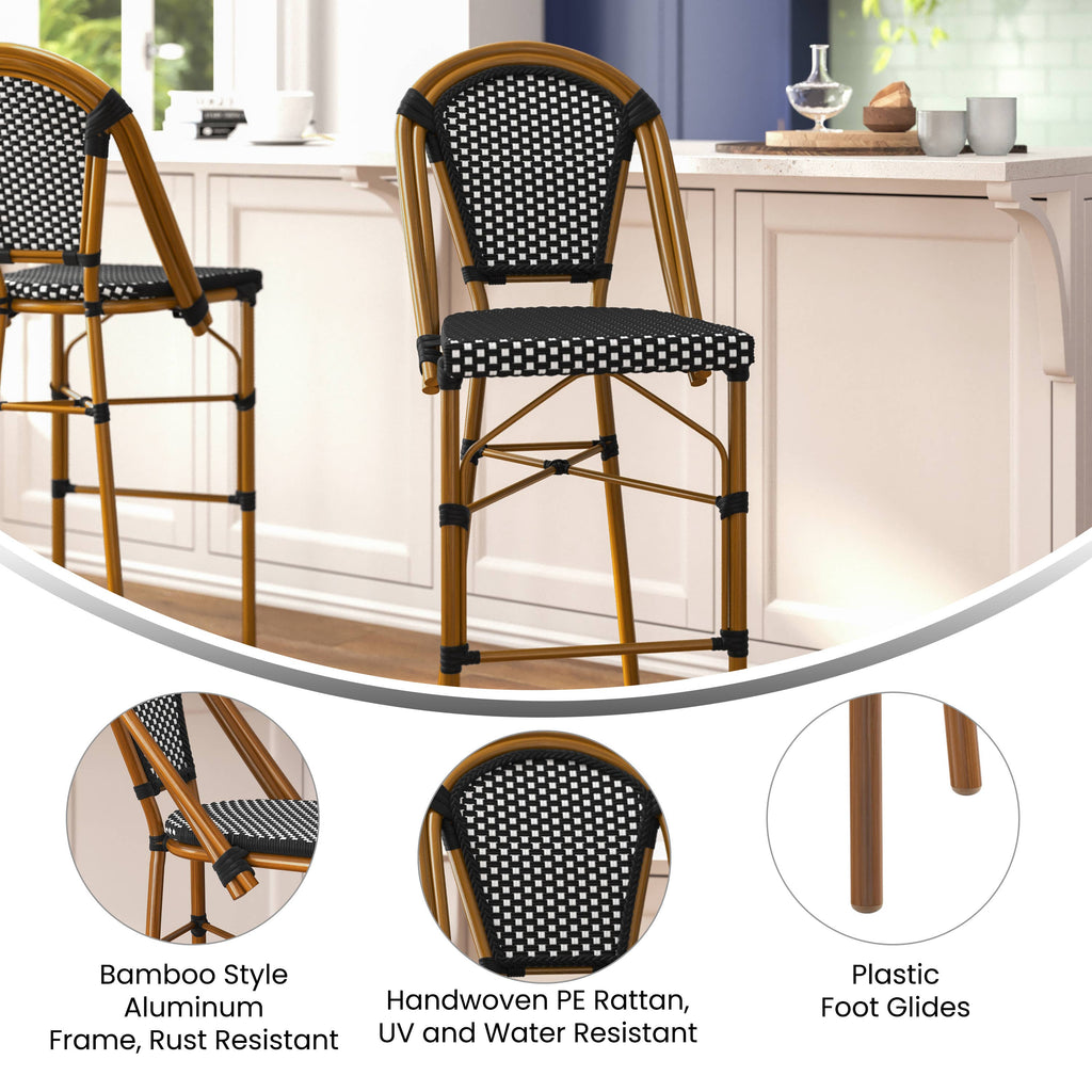 30" Black/White PE Rattan French Bistro Stacking Stool
