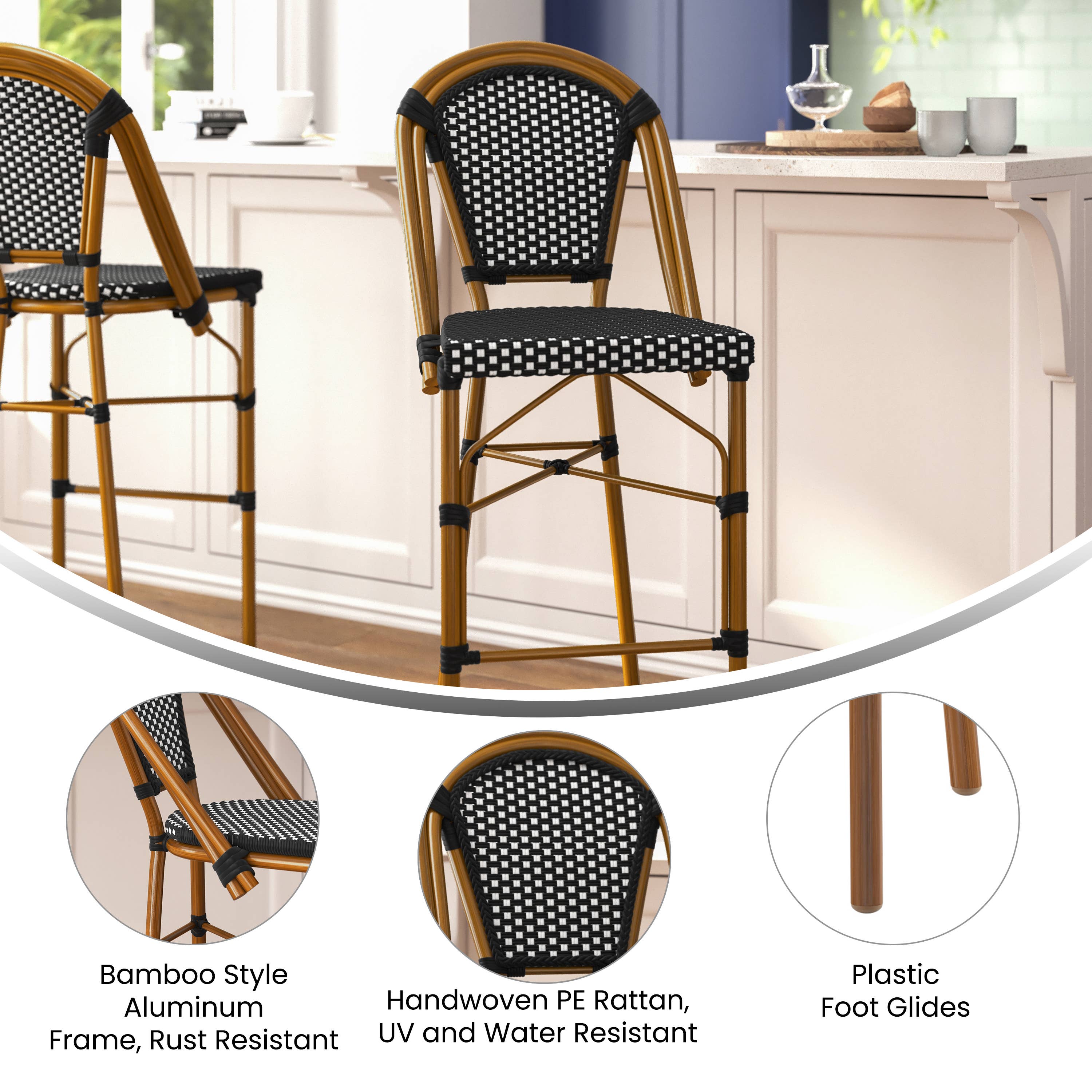 30" Black/White PE Rattan French Bistro Stacking Stool