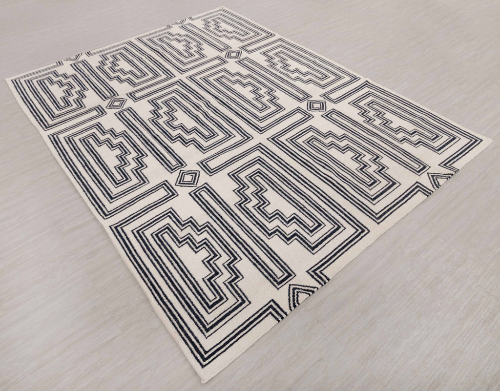 White Navy Modern Designer Rug Geometric Design Handmade Rug