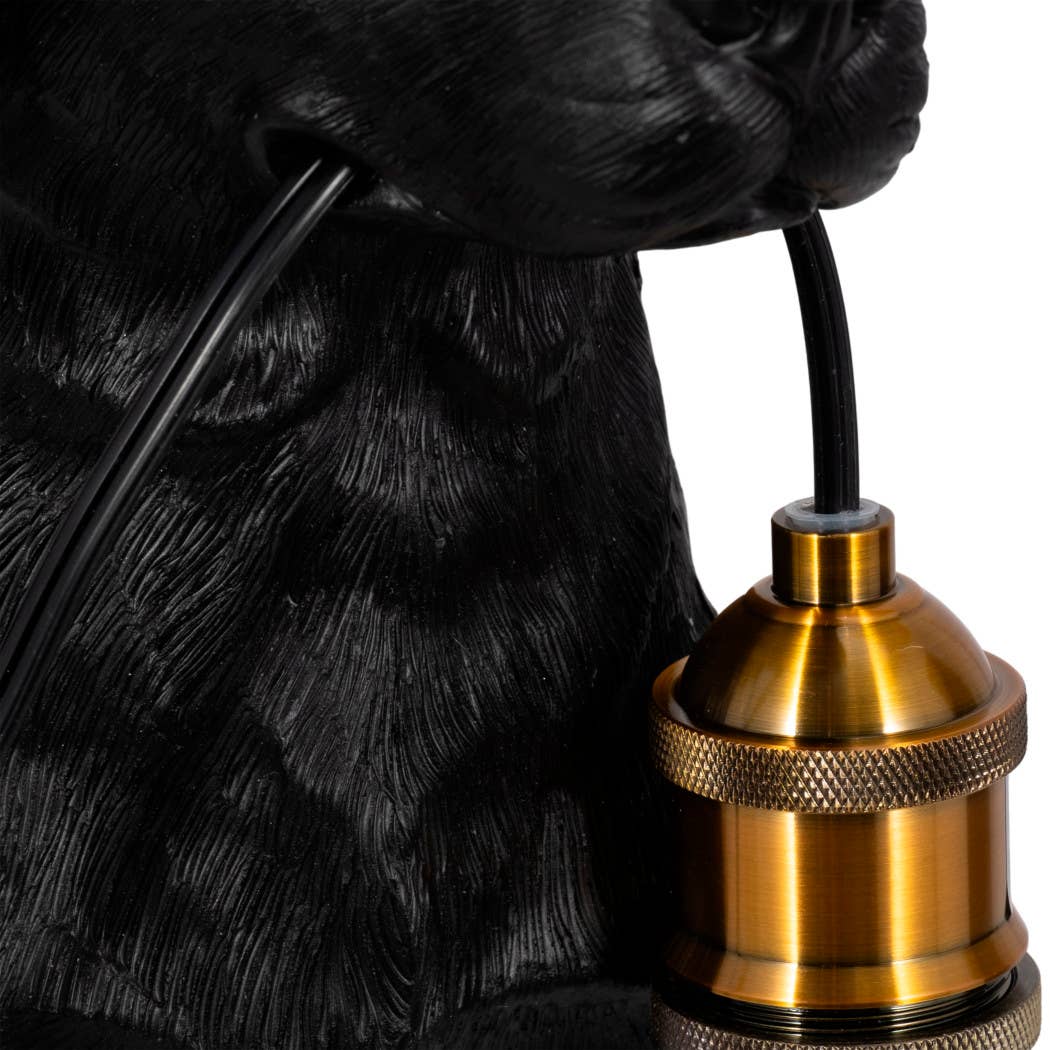 Table Lamp - Black/Gold Resin Dog Holding Lightbulb, 18 in.