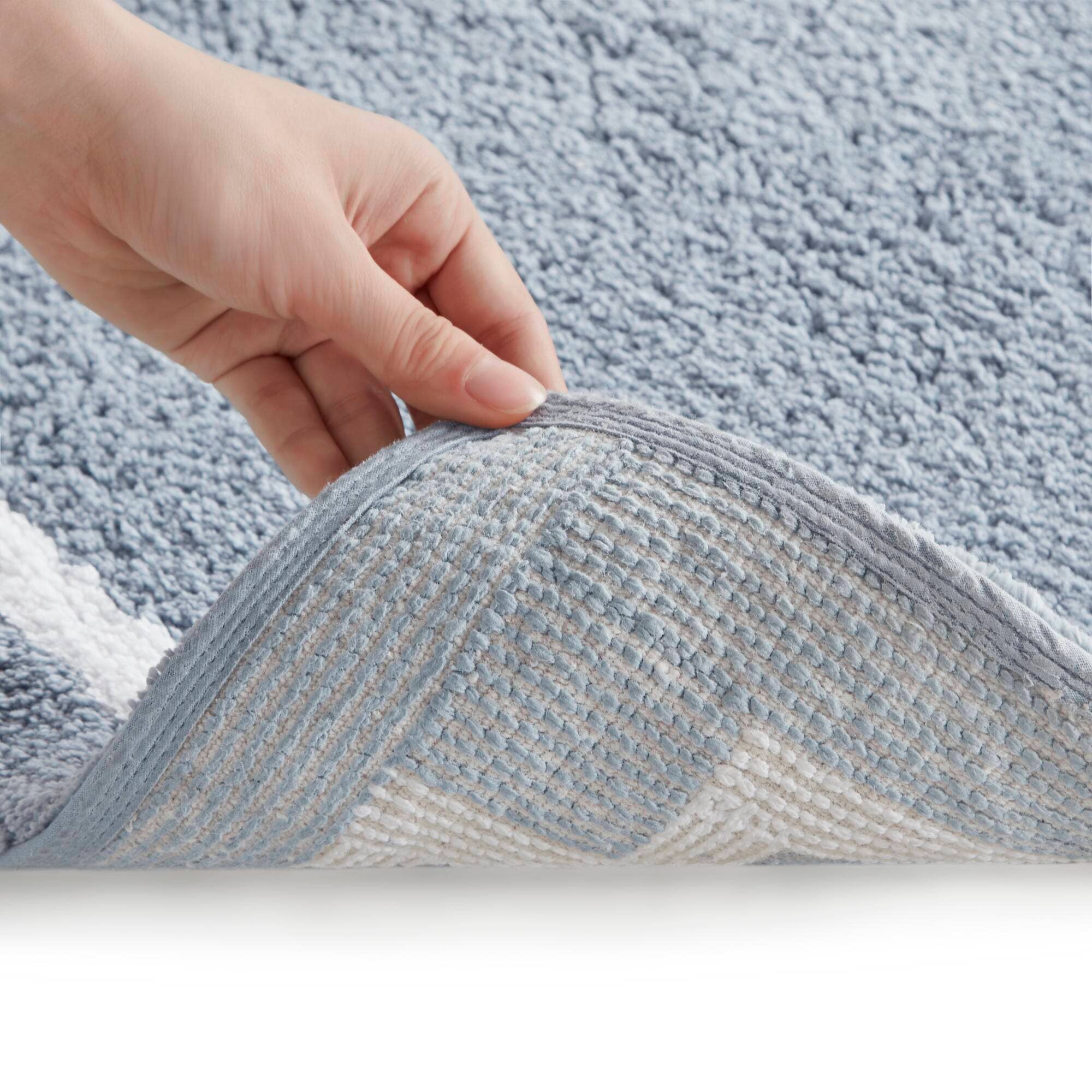 High Pile Bordered Bathroom Rug, Blue