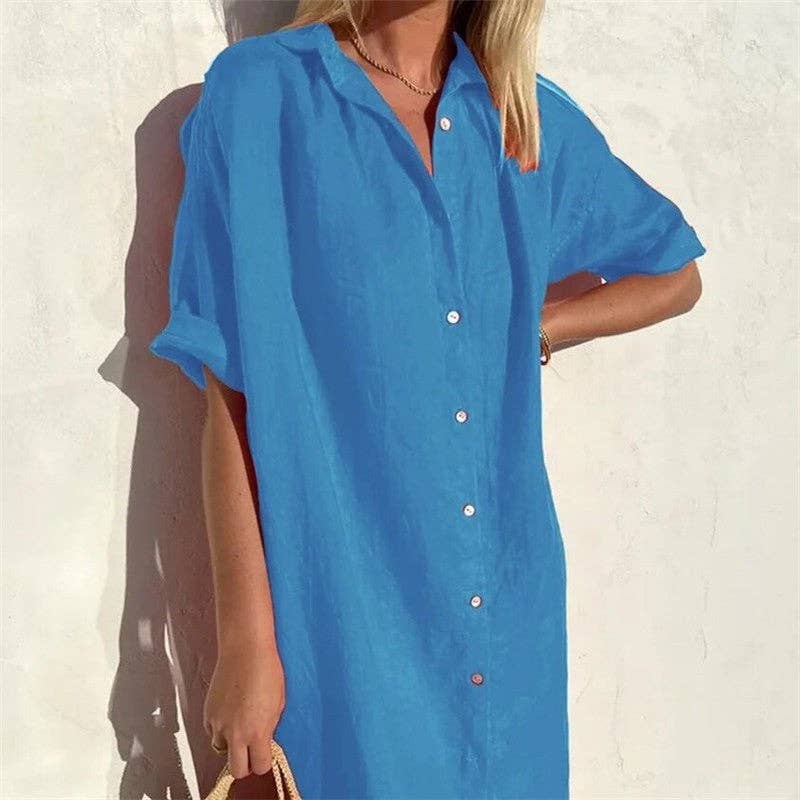 Casual Loose Fit Short Sleeve Shirt Dress In Solid Color