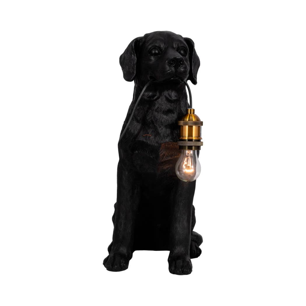 Table Lamp - Black/Gold Resin Dog Holding Lightbulb, 18 in.