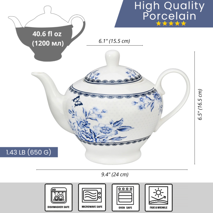 Vintage Indigo Porcelain Teapot 40.6 fl oz (1200 ml)