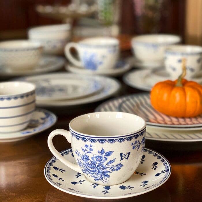 Vintage Indigo Porcelain Tea Cup w/ saucer Set of 4, 260 ml