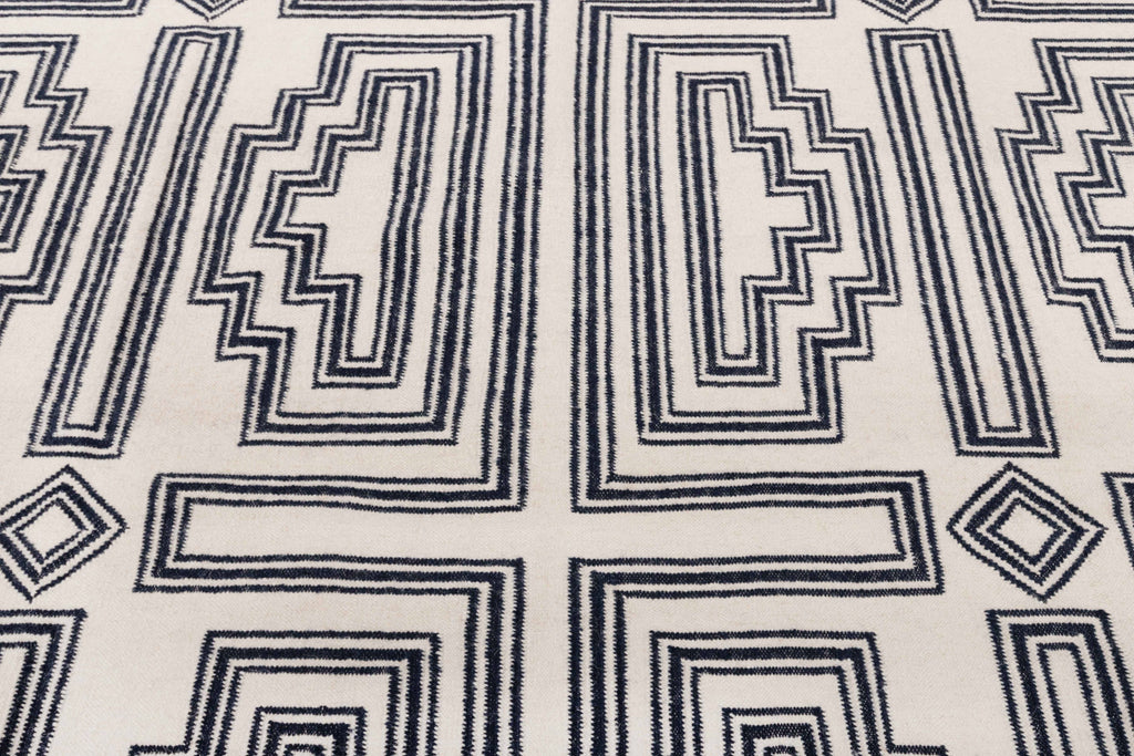 White Navy Modern Designer Rug Geometric Design Handmade Rug