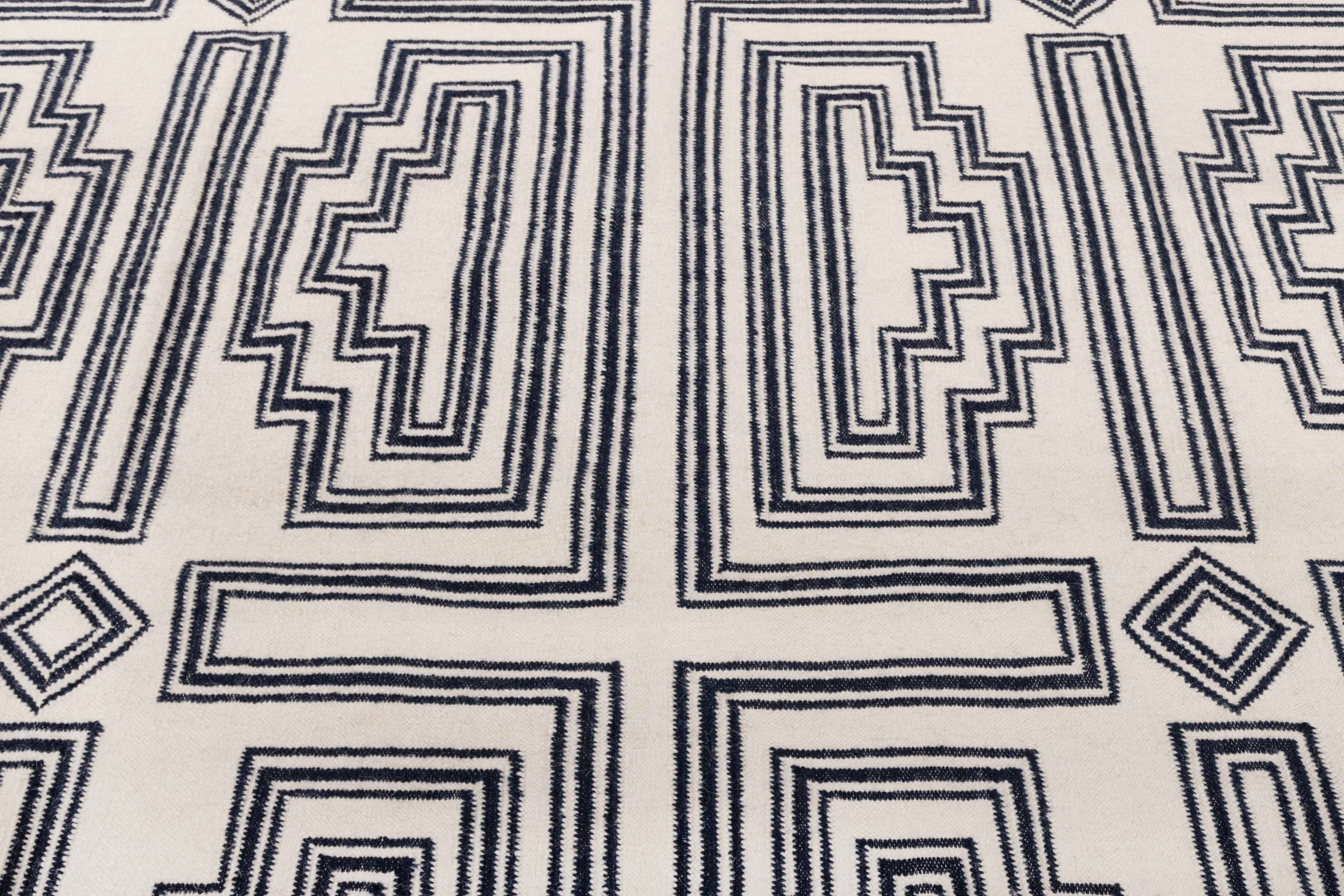 White Navy Modern Designer Rug Geometric Design Handmade Rug