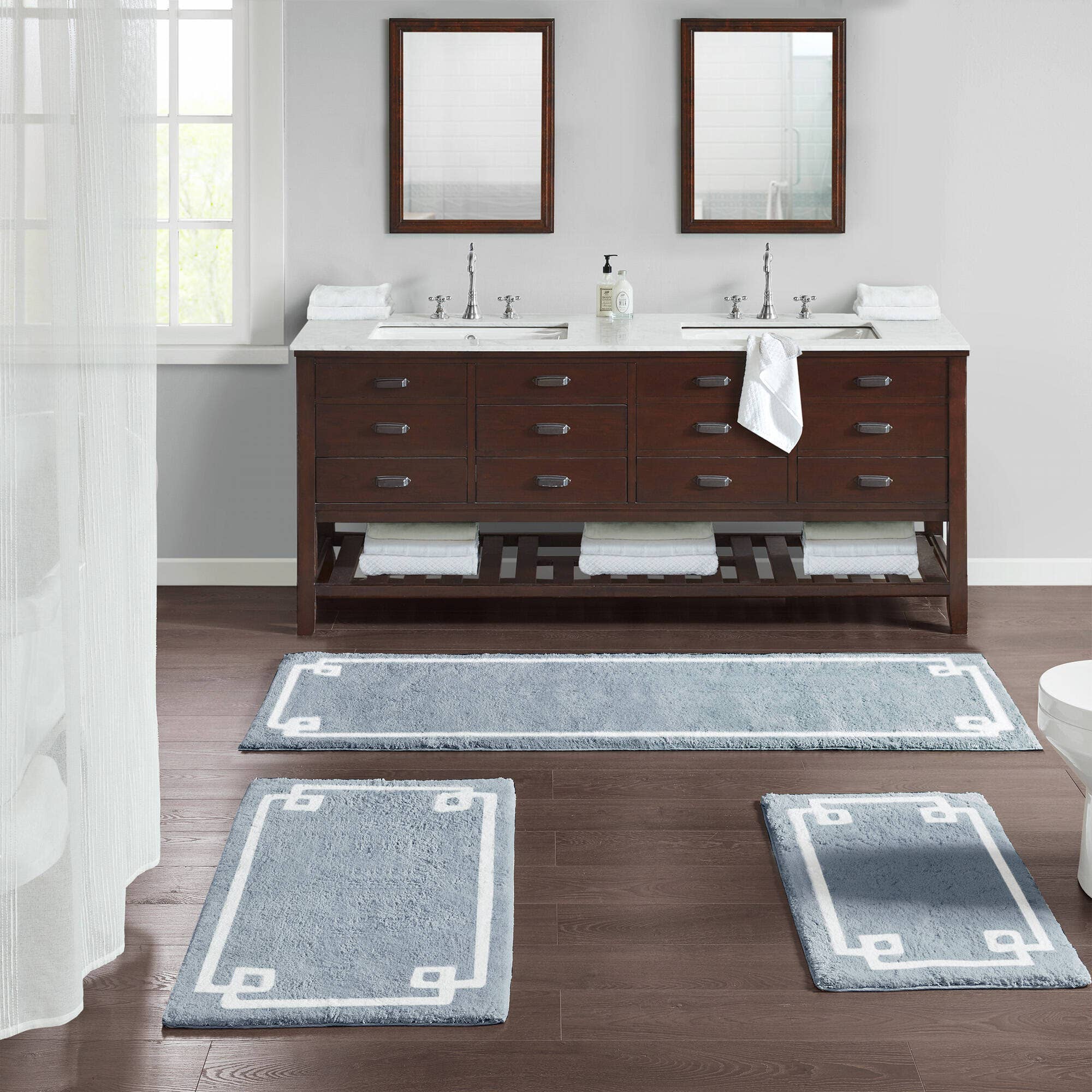 High Pile Bordered Bathroom Rug, Blue