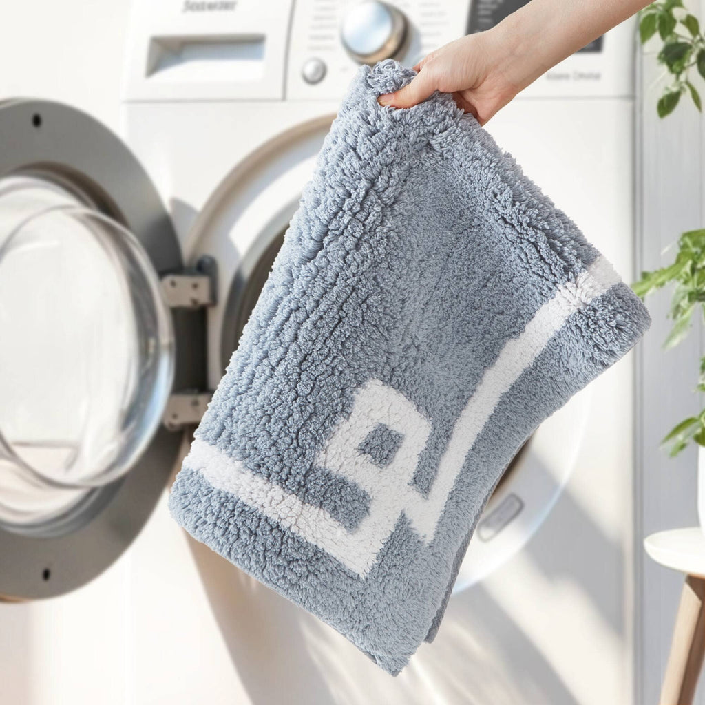 High Pile Bordered Bathroom Rug, Blue