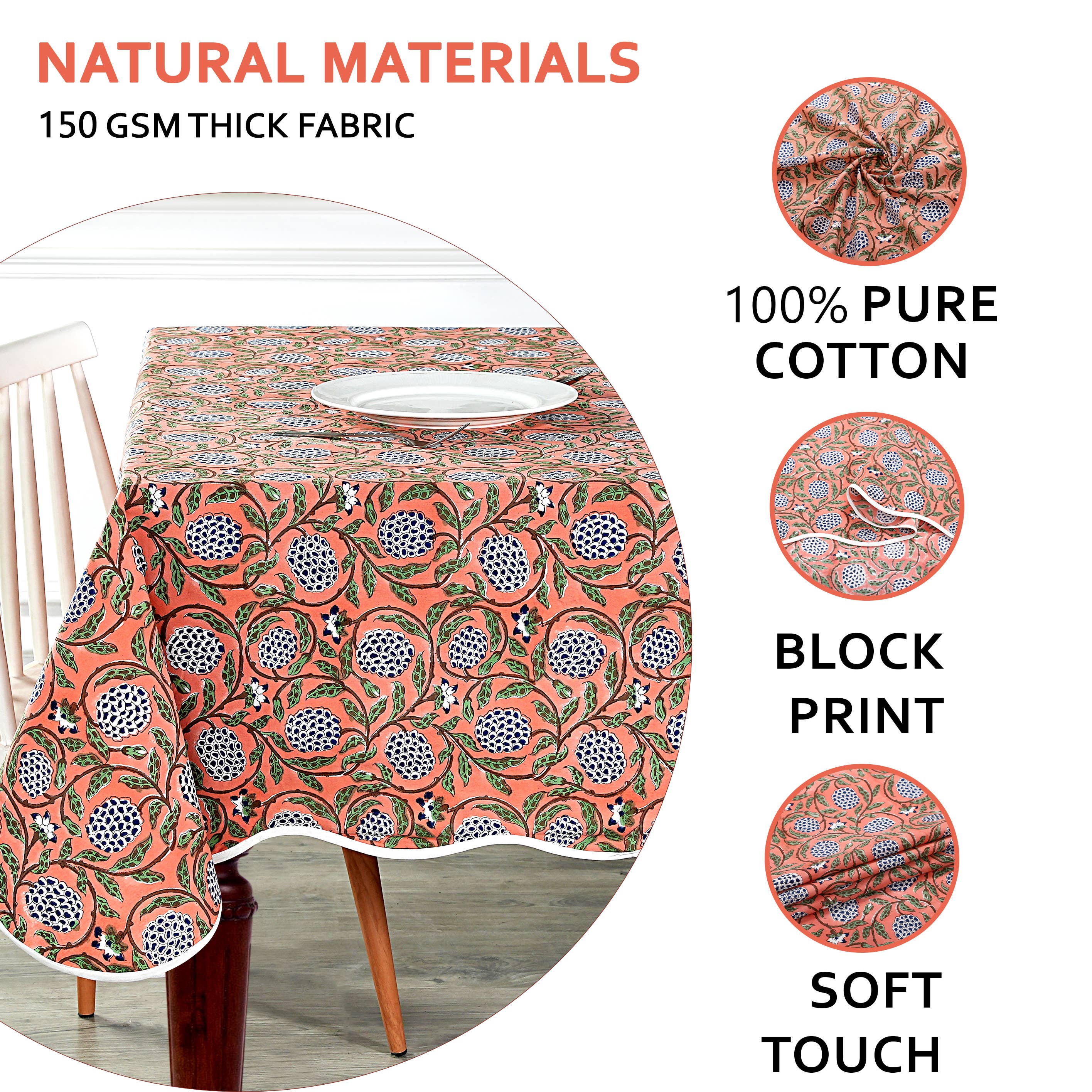 Dark Salmon Block Printed Piping Tablecloth 100% Cotton